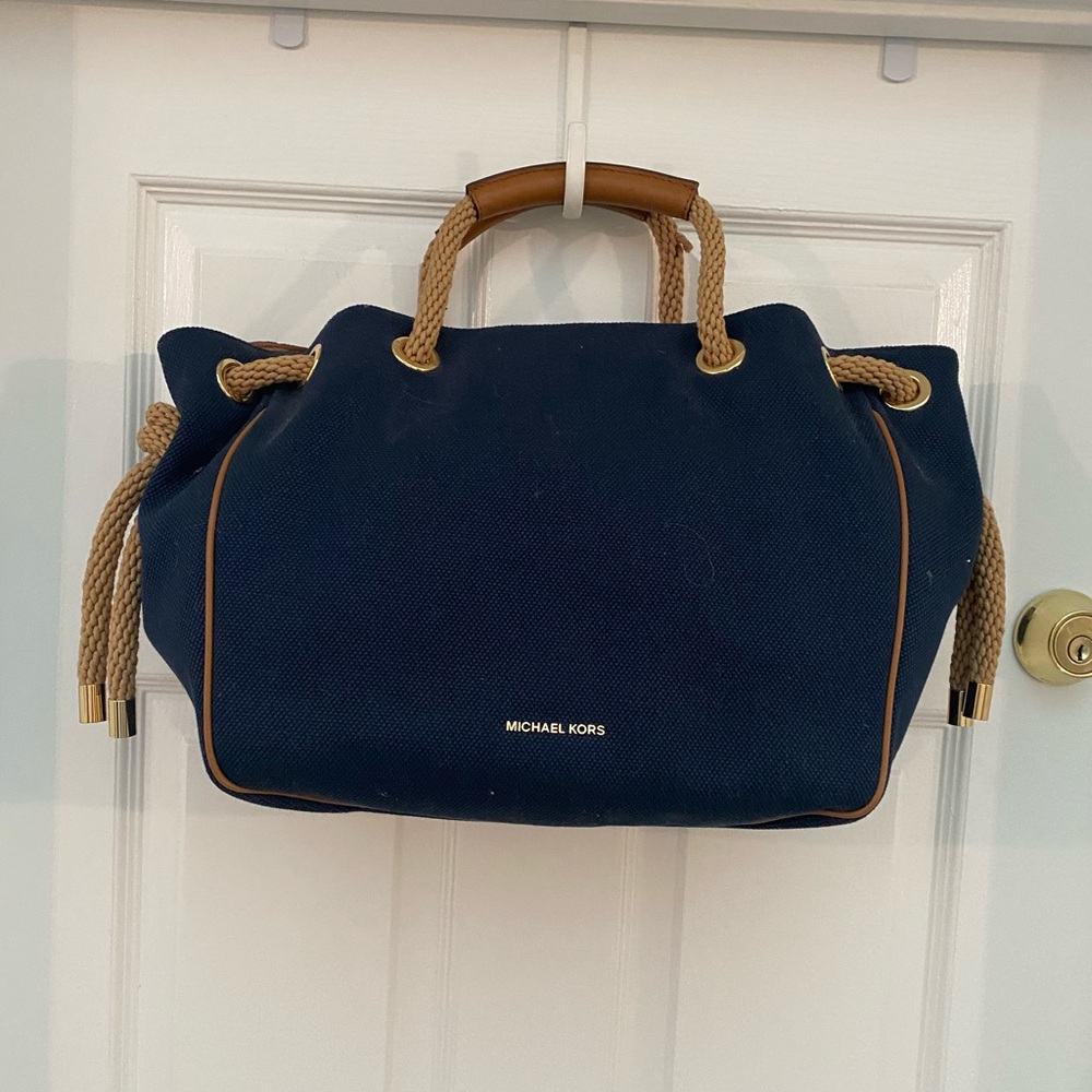 NWT Michael Kors Large Dalia Dark Blue Canvas Tote w Tan Rope & Leather Handles
